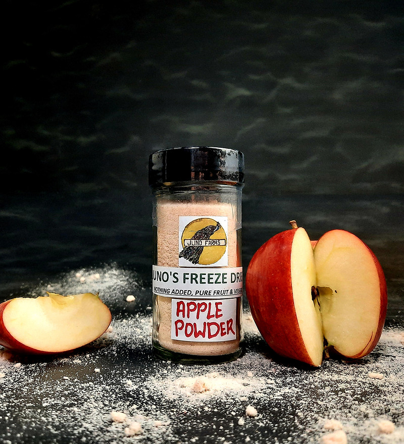 Juno Farms freeze-dried apple powder, hand-labeled jar with cut apples