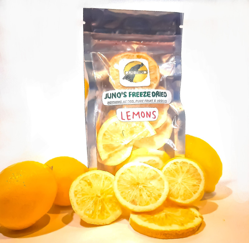 Juno Farms freeze-dried lemon slices in a hand-labeled pouch