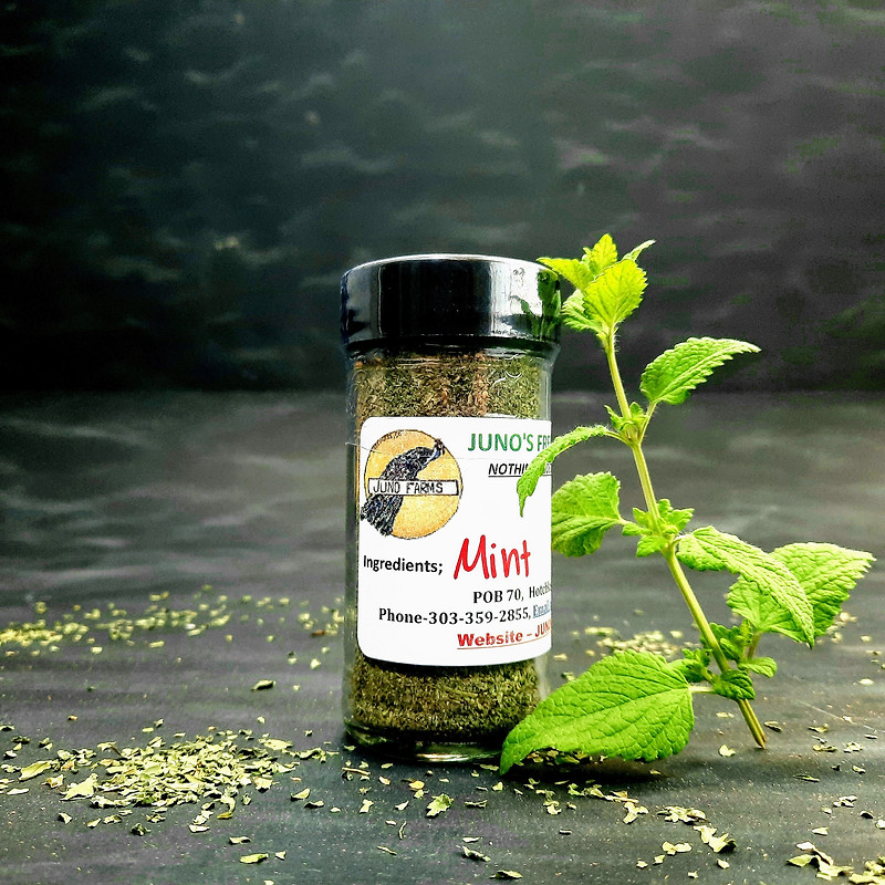 Juno Farms freeze-dried mint, hand-labeled jar with fresh mint sprigs