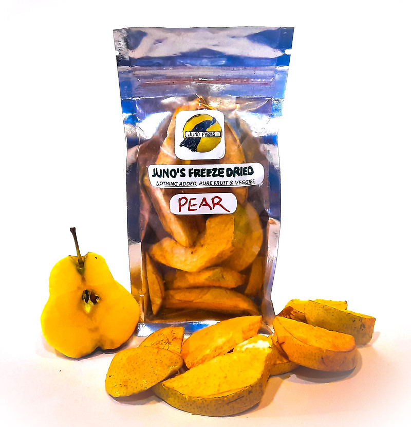 Juno Farms freeze-dried pear slices in a hand-labeled pouch