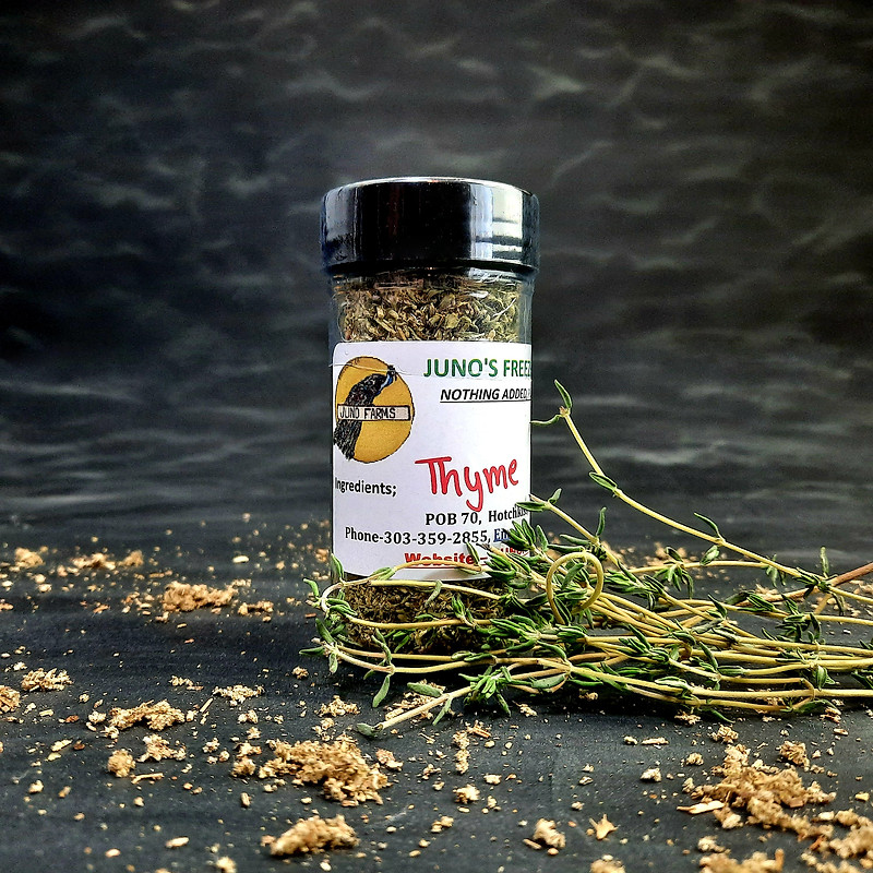 Juno Farms freeze-dried thyme, hand-labeled jar with fresh thyme