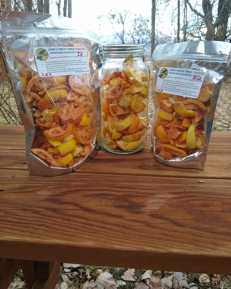 Juno Farms freeze-dried tomatoes packaged on a picnic table with the North Fork Valley mountains behind, Hotchkiss, Colorado
